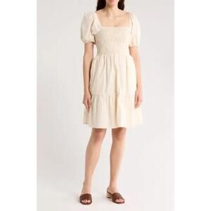 Eliza J Puff Short Sleeve Cotton Smocked Mini Dress Cream 8